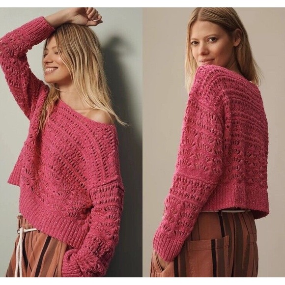 NEW $128‎ - Anthropologie Pilcro The Palmer Open Crochet Sweater Size Small Pink - Picture 1 of 12